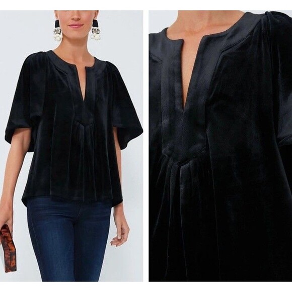 Tuckernuck Pomander Place Finley Velvet Top Size M Black Flutter Sleeve Blouse - Picture 1 of 16